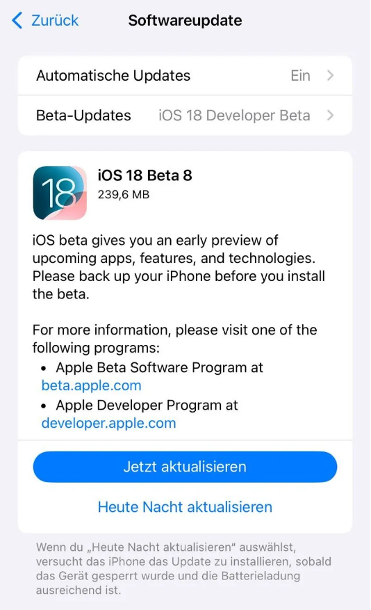 天山苹果手机维修分享苹果 iOS / iPadOS 18 开发者预览版 Beta 8 发布 